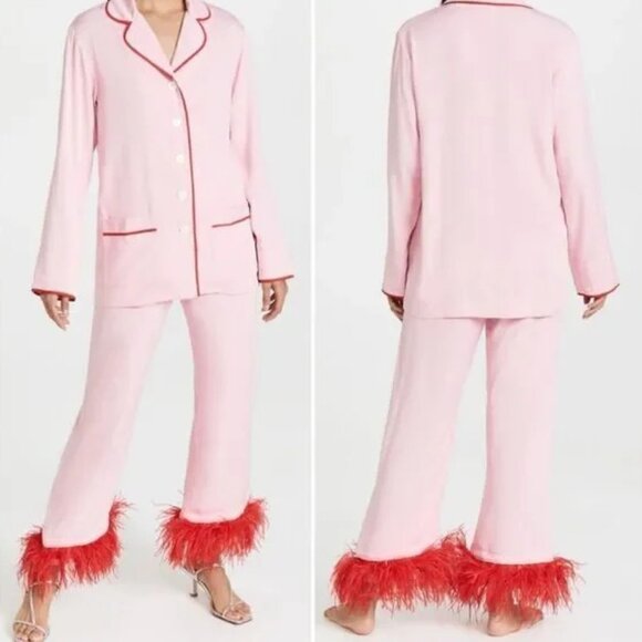 Sleeper Pink Pajama Bottoms with Red Feather Trim - Picture 1 of 10